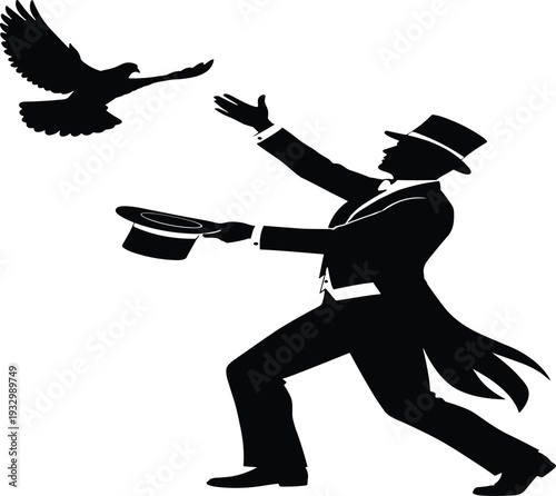 Vector illustration of magician silhouette performing magic trick with dove, top hat, and coat, stage entertainment design for illusion concept.