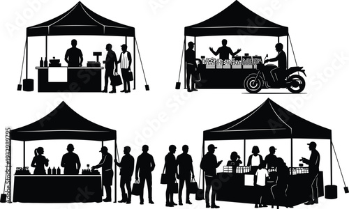 Outdoor market stall silhouettes set, street vendors selling food and products with customers under tents isolated on white background