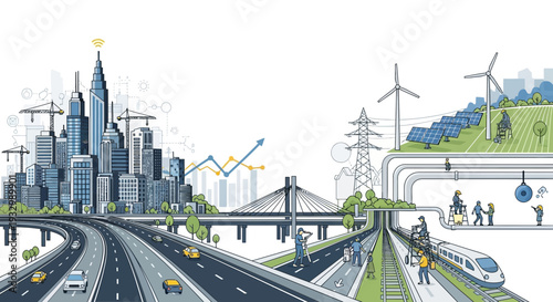 A comprehensive illustration showcasing modern urban development, sustainable energy solutions, advanced transportation networks, and interconnected infrastructure.
