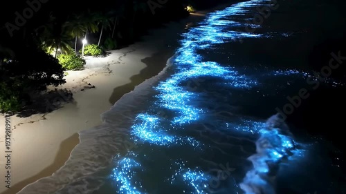 Slow motion shot of a Blue bioluminescent waves glowing on tropical beach at night. Nature Wonders, Travel Destinations. neon light contrasts with the white sand beach and dark silhouettes of palm tre