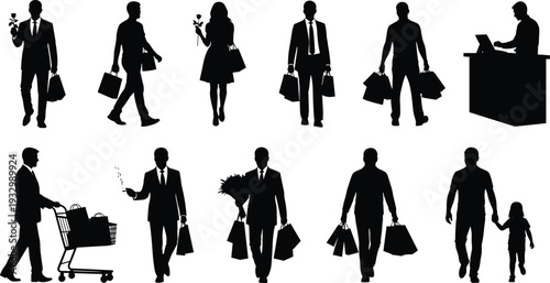 Shopping people silhouettes collection, men and women carrying bags and gifts isolated on white background retail lifestyle illustration