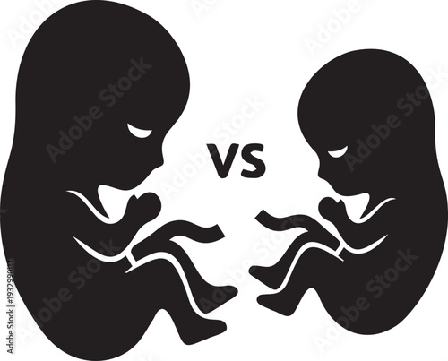 Two fetuses inside uterus facing each other separated by versus sign on transparent background concept of comparison