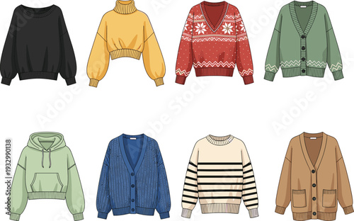 Winter sweaters collection vector set, cozy knitwear pullovers cardigans and hoodies, trendy autumn clothing illustration isolated on white background