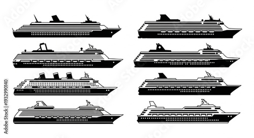 Collection of detailed illustrations showcasing various cruise ships, perfect for travel and maritime themes.