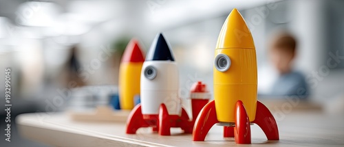 Two children play together at a table in a classroom, building a rocket model with toy blocks for their project work