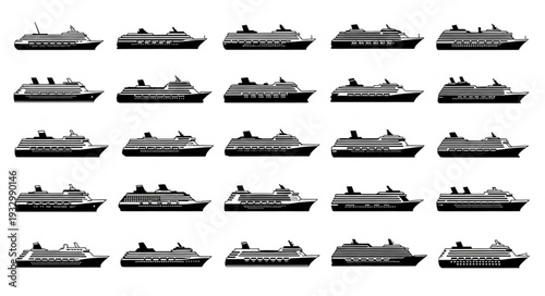 Collection of various cruise ships silhouettes in black and white, side view.