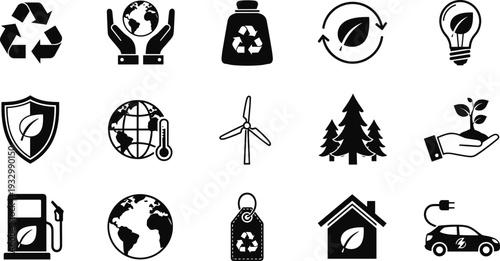 Ecology and renewable energy icon set featuring recycling symbols, wind turbines, electric cars, green house, solar power, and environmental protection.