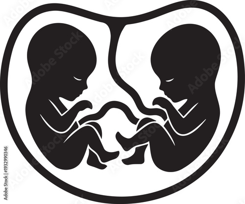 Twin fetuses silhouette side by side, showing baby's development, pregnancy, new life, and human gestation period inside mother body artwork illustration