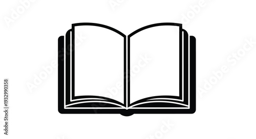 An open book is depicted in a stark black outline against a white background presenting a clear silhouette