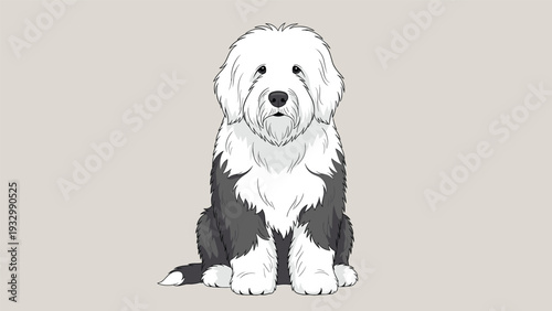 Old english sheepdog illustration featuring its long white and gray shaggy fur and sitting pose on a simple background.