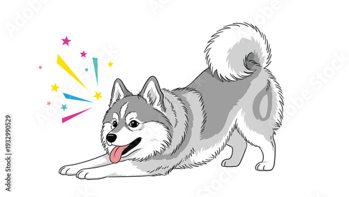 Playful siberian husky dog stretching its front paws with vibrant colorful stars and shapes in an energetic pop art style.