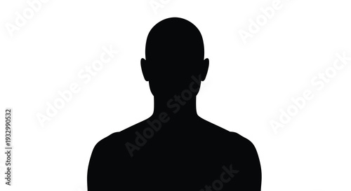 A stark black silhouette of a human head and shoulders against a bright white background conveying anonymity and simplicity