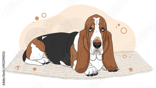 Basset hound dog lying down comfortably on a patterned rug with abstract circular patterns in the background for cozy vibe.