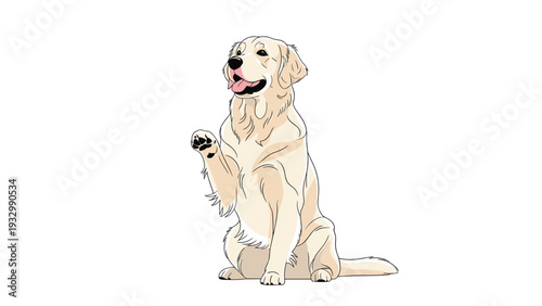 Golden retriever dog illustration sitting and raising one paw as if to shake hands or perform a trick on a white background.