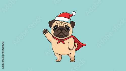Cute pug dog character wearing a red santa hat and cape waving its paw to celebrate the christmas holiday festivities.