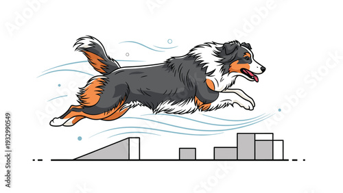 Australian shepherd dog jumping over agility obstacles with wind lines showing speed and movement in an outdoor park.