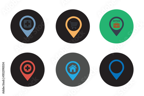 Set of six colorful location and navigation icons with modern flat design elements