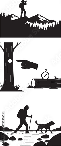 Silhouettes of outdoor activities and navigation featuring a hunter, trail marker, and a hiker with a dog