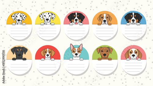 Collection of ten colorful circle labels or stickers featuring various dog breeds peeking over a white space for notes.