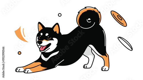 Black and tan shiba inu dog stretching playfully with frisbees and abstract shapes around it on a white background.