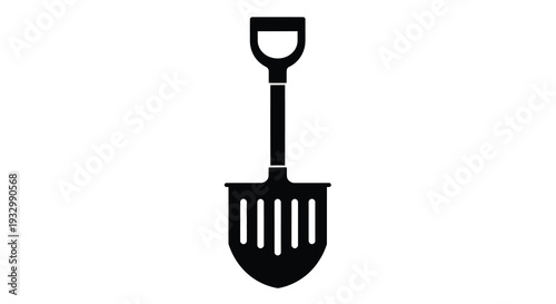 A stark black silhouette of a garden shovel against a plain white background emphasizing simplicity and form silhouette