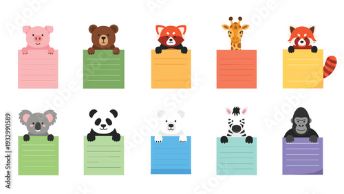 Set of ten colorful square labels featuring cute animals like pig bear giraffe panda and koala peeking over note space.