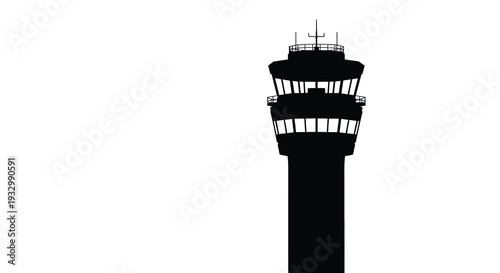A stark black tower representing an airport control structure against a bright white background a dramatic silhouette high quality
