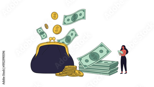 Woman accountant standing next to a large open coin purse with falling money and stacks of dollar bills for finance theme.