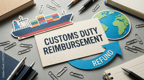 Customs duty reimbursement refund concept with paper ship, globe, arrow, pens, notebooks, and paper clips on gray background