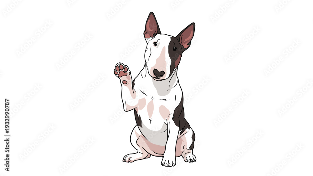 Fototapeta premium Bull terrier dog sitting and waving its paw with a friendly expression in a simple black and white vector style.