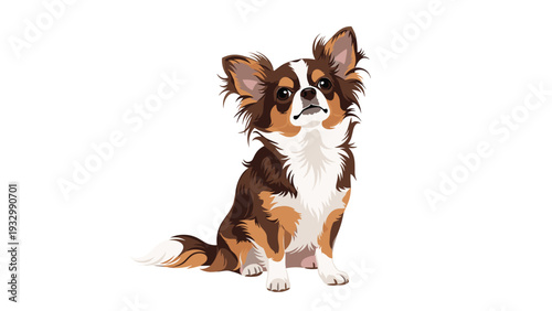 Long-haired chihuahua dog with brown and white fur sitting gracefully in a detailed digital artistic illustration.