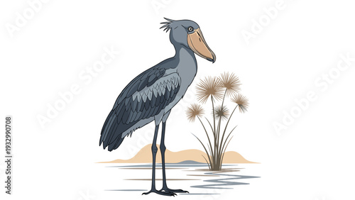 Exotic shoebill stork bird standing by the water with aquatic plants and distant hills under a clean white sky.