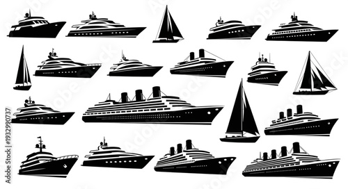 Collection of various ships and boats silhouettes, perfect for maritime themes and designs.