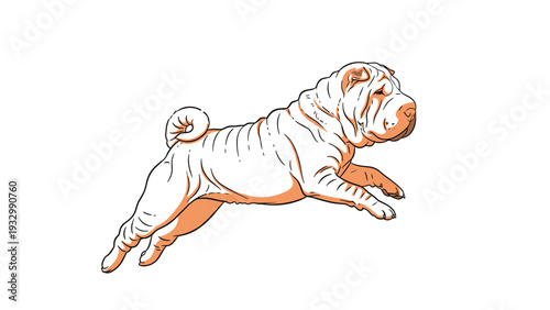 Wrinkled shar pei dog jumping through the air with agility and grace in a clean and minimal vector illustration.