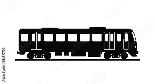 A stark black train depicted in a flat graphic style runs along rails showcasing a bold silhouette high quality