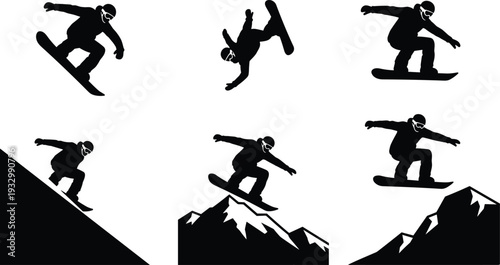 Vector illustration of snowboarder silhouettes performing jumps, flips, and glides on mountain terrain, extreme winter sports design for adventure concept.