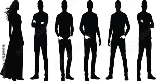 Vector illustration of people silhouettes standing in row, diverse body postures and clothing styles, black figures design for concept art.