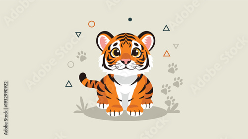 Adorable baby tiger cartoon character sitting with large eyes and paw prints in the background on a light beige neutral colored textured paper.
