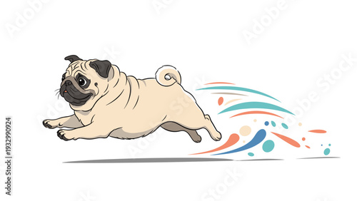 Happy pug dog running at full speed with colorful paint splashes trailing behind it on a white background in a dynamic and playful illustration.