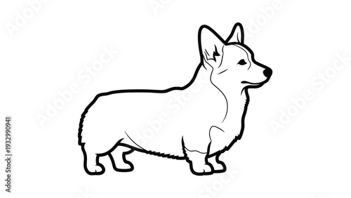 Black and white line art of a pembroke welsh corgi dog standing in profile with its short legs and pointed ears on a clean white background.