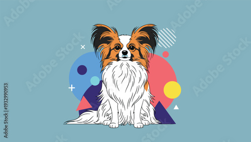 Beautiful papillon dog with long white and brown fur sitting against a modern colorful geometric background with circles and triangles.