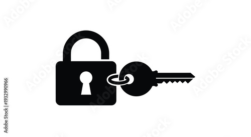 A black padlock and key are depicted in a minimalist illustration symbolizing security and access a striking silhouette