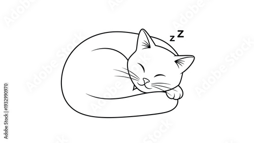 Simple line art drawing of a cute cat curled up and sleeping peacefully with letter z symbols indicating slumber on a white background.