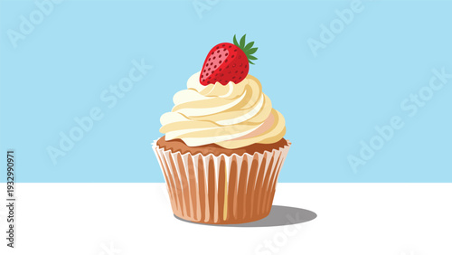 Delicious chocolate cupcake with swirls of vanilla frosting topped with a fresh red strawberry on a blue and white horizontal background.
