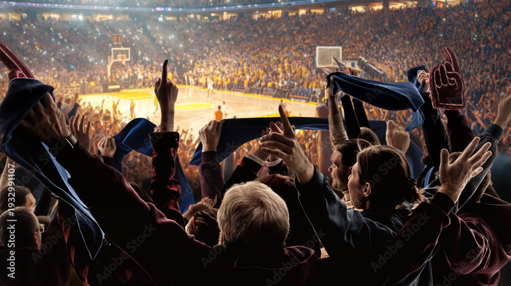 Obraz premium Supporters celebrating during basketball game in full arena under bright lights and giant scoreboard. Concept of team spirit, mass audience engagement and live sports entertainment industry visuals.
