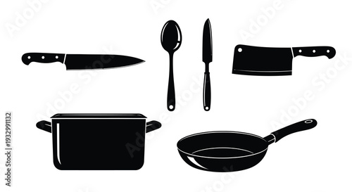 A collection of kitchen tools including knives a pot and a frying pan presented in black silhouette high quality