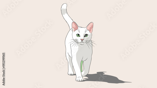 White cat walking forward with its tail held high and green eyes focused ahead casting a subtle shadow on a warm cream background.