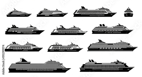 Collection of various cruise ships in black and white, side view, vector illustration.