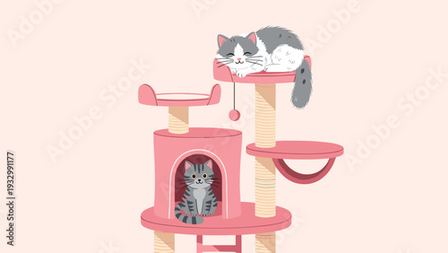 Two cute cats playing and resting on a pink multi-level cat tree with scratching posts and a small house on a light peach background.