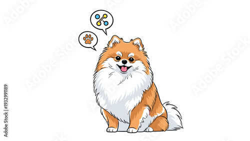 Happy tan and white Pomeranian dog sitting and thinking about paw prints and play toys shown in cute illustrated speech bubbles.